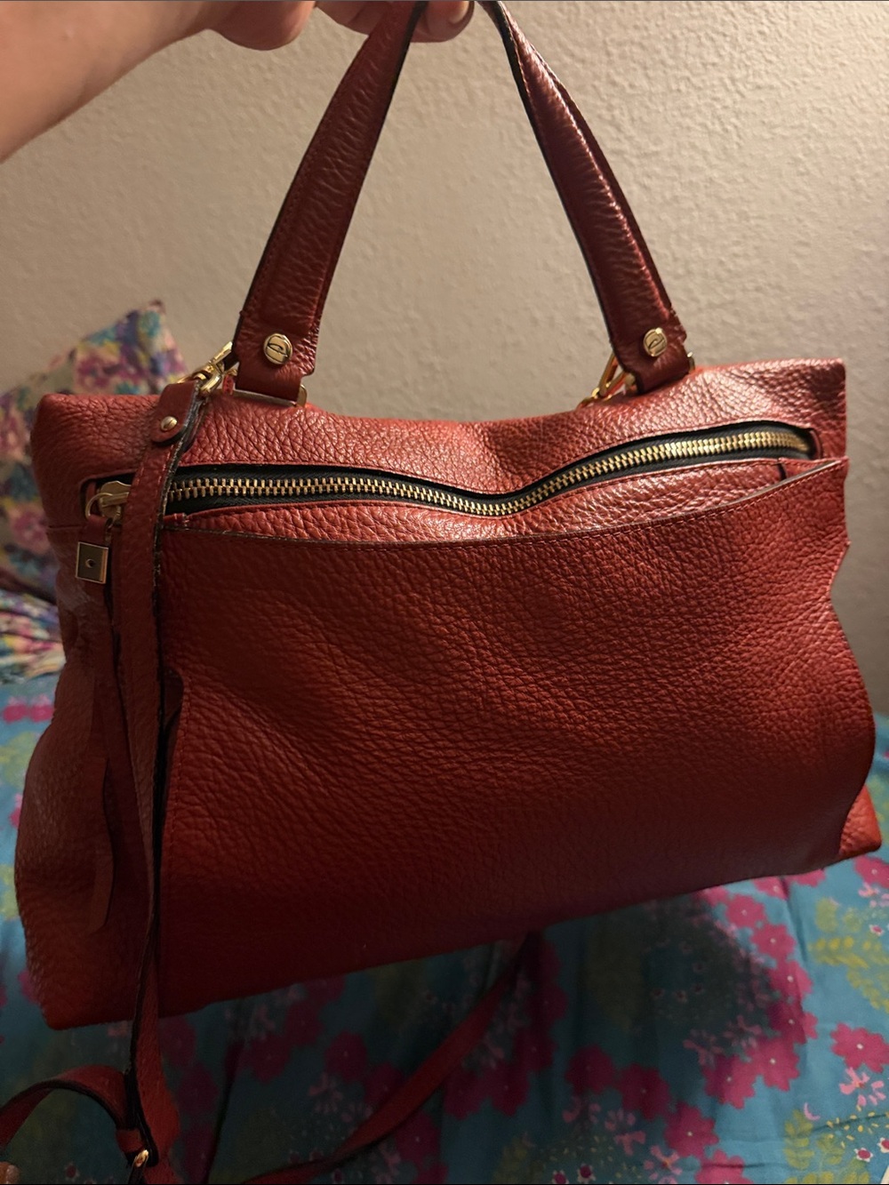 Structured Pebbled Leather Shoulder Bag in Burnt Red
